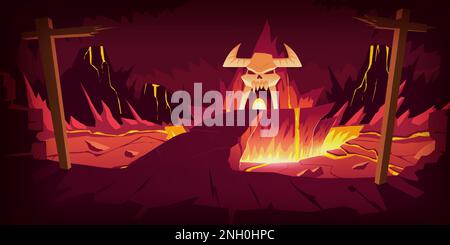 Hell landscape, cartoon vector illustration. Infernal stone cave and bridge, road to hell with heat rock and volcanoes, flowing molten lava or liquid fire and horned skull, fiery game background Stock Vector