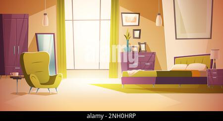 Bedroom interior cartoon vector illustration. Comfortable living room interior with double bed, wardrobe, mirror and nightstand with lamp, cozy house inside, apartment with furniture background Stock Vector