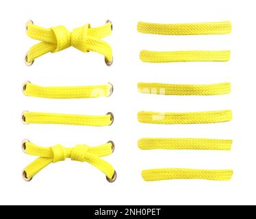 Yellow shoe laces on white background, collage Stock Photo