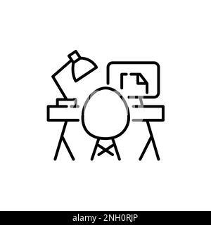 Home office for work or study. Elegant chair, lamp and pc monitor. Pixel perfect, editable stroke icon Stock Vector