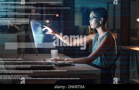 Ai, computer and night with black woman in office for facial recognition, augmented reality and matrix overlay. Digital transformation, cybersecurity Stock Photo