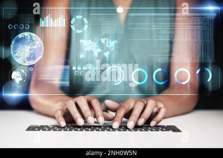 Computer keyboard hologram, hands typing and woman review finance chart, stock market database or future dashboard. Forex investment, data analysis Stock Photo