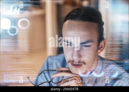 Man, thinking and idea for digital marketing, advertising or corporate data and strategy in double exposure. Male employee contemplating business Stock Photo
