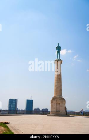 Monument of the Victor. Famed monument of a man holding an eagle, commemorating Serbia's victory during the Balkan Wars. Belgrade, Serbia - 08.26.2022 Stock Photo