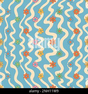 Groovy hippie Happy Easter seamless pattern. Flowers on a wavy background. Easter backgrounds in trendy retro 60s 70s cartoon style Stock Vector