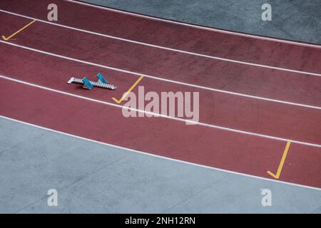 Running track in the stadium. Rubber coating.  Athletics starting blocks Stock Photo