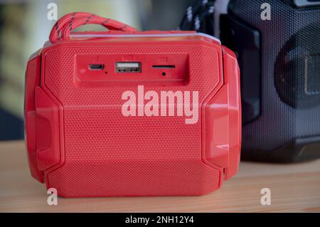 mini portable speaker, bluetooth speaker, red speaker Stock Photo