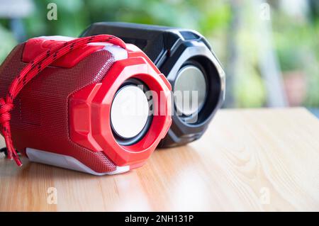 mini portable speaker, bluetooth speaker, red speaker Stock Photo