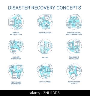 Disaster recovery blue concept icons set Stock Vector