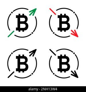 Set of cost symbol bitcoin increase and decrease icon. Money vector symbol isolated on background . Stock Vector