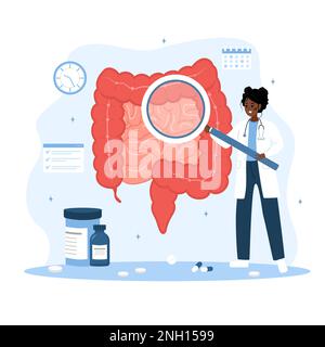 Proctologist concept. Female doctor with magnifier examine intestine. African woman in lab coat analysis perianal area. Medical check up. Vector Stock Vector