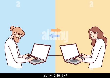 Teamwork of man and woman working remotely via laptops on project and exchanging information via internet. Concept teamwork and simultaneous change of one document by different people  Stock Vector