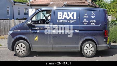Baxi gas safe engineer blue Volkswagen VW van parked in residential road bringing customer support service & repairs to boiler owners Essex England UK Stock Photo