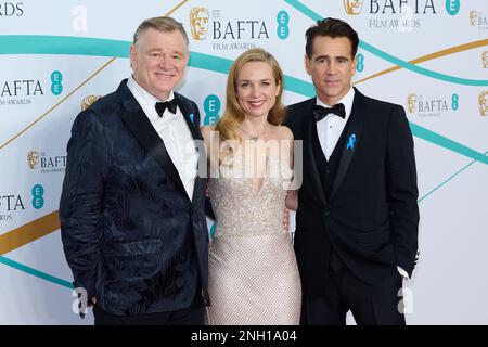 London, UK . 19 February, 2023 . Brendan Gleeson, Kerry Condon and Colin Farrell on the red carpet of the  76th EE BAFTA Film Awards 2023 held at the Stock Photo