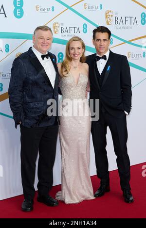 London, UK . 19 February, 2023 . Brendan Gleeson, Kerry Condon and Colin Farrell on the red carpet of the  76th EE BAFTA Film Awards 2023 held at the Stock Photo