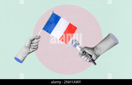 Art collage, collage of a hand holding the flag of France, microphone in the other hand. Concept interview with France on a light-coloured background. Stock Photo