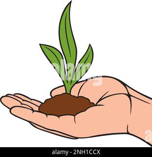 Hand holding plant with leaves. Vector illustration. Stock Vector