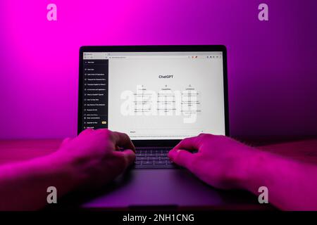 Chat GPT on computer. Man working on PC with Chat GPT. Point of view shot Stock Photo