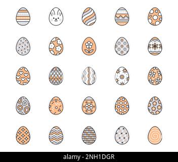 Easter food flat line icons set. Painted eggs hunt vector illustrations. Thin signs christianity traditional celebration. Orange color. Editable Stock Vector