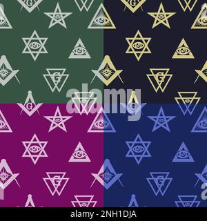 Set of seamless patterns with Masonic symbols. Colored simple geometric backgrounds. Stock Vector