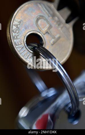 key on key ring in door lock Stock Photo