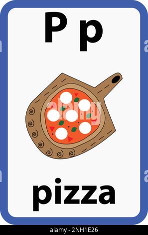 Alphabet flashcard for children with the letter p from pizza Stock Vector