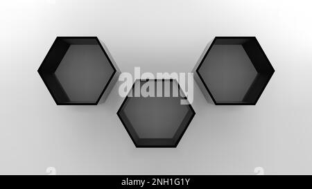 Empty black hexagon shelves on white wall 3D mockup Stock Vector