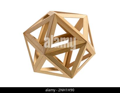 Geometric shaped icosahedron made of light wood with triangles isolated on white background Stock Photo