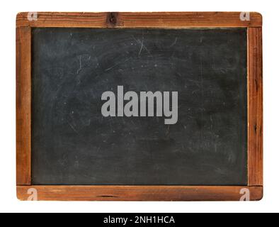 Blank retro chalkboard with scratched surface and wooden frame isolated on white background Stock Photo