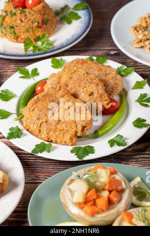 Ramadan table. Turkish food on wooden background. Iftar and sahur delicacies. Turkish oriental dishes. Types of appetizers. close up Stock Photo