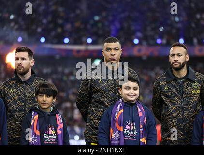 Lionel Messi, Kylian Mbappe and Neymar Jr look on prior the Riyadh All-Star XI vs Paris Saint-Germain FC at King Fahd Stadium on January 19, 2023 in Riyadh, Saudi Arabia. Photo by Stringer/ Power Sport Images Stock Photo