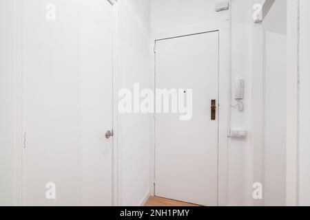 White front door to apartment with intercom on wall. There is peephole in door for observing what is happening outside. Door lock protects the Stock Photo