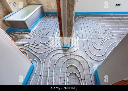 underfloor heating system in construction of new residential house Stock Photo