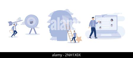 Brand recognition, marketing idea to launch ads and advertising,businessman with mailing list computer laptop sending email.set flat vector modern ill Stock Vector