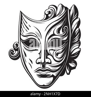 Theatricalmask hand drawn engraving style sketch Vector illustration Stock Vector