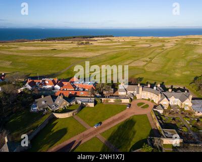 Aerial view from drone of Muirfield Golf club and Greywalls Hotel, East Lothian, Scotland, UK Stock Photo