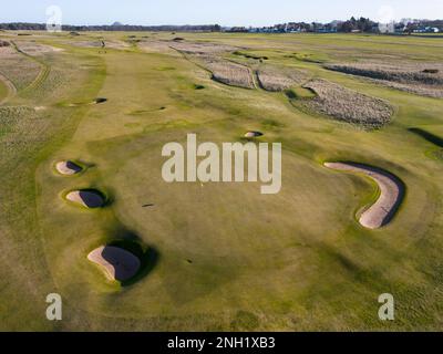 Aerial view from drone of Muirfield Golf course in Gullane, East Lothian, Scotland, UK Stock Photo