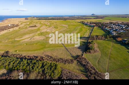 Aerial view from drone of Muirfield Golf course in Gullane, East Lothian, Scotland, UK Stock Photo