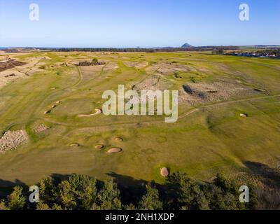 Aerial view from drone of Muirfield Golf course in Gullane, East Lothian, Scotland, UK Stock Photo