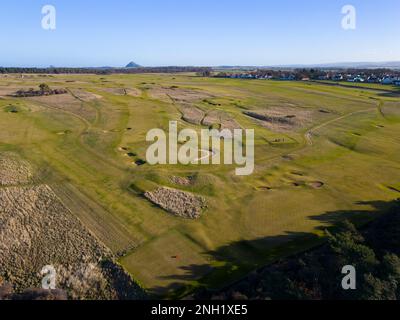 Aerial view from drone of Muirfield Golf course in Gullane, East Lothian, Scotland, UK Stock Photo