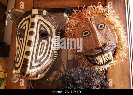 Ceremonial masks of the  indigenous Embera people of Panama and Colombia, for sale in Panama City, Panama.  The masks represent different animals of t Stock Photo