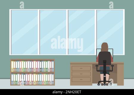 Woman working on computer in office. Vector illustration. Stock Vector