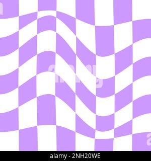 Distorted chess board background. Checkered visual illusion. Psychedelic pattern with warped purple and white squares. Dizzy checkerboard surface Stock Vector