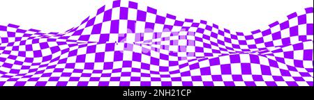 Waved checkered pattern background. Warped texture with purple and white squares. Undulate chessboard, checkerboard, flag, textile plaid, tile floor Stock Vector