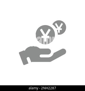 Human hand and money dropping Chinese yuan coin icon. Savings and payment concept vector fill symbol. Stock Vector