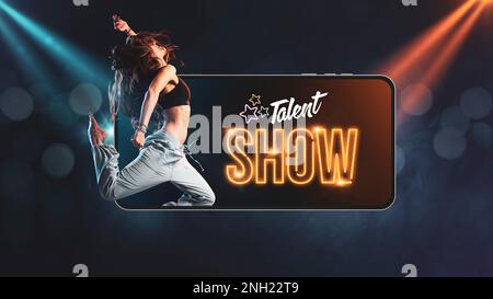 Talent show advertisement and woman dancing in a smartphone, online entertainment concept Stock Photo