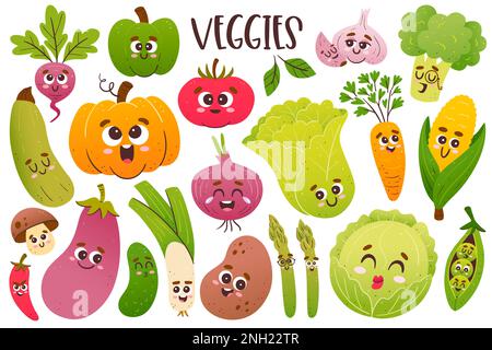 Cute vegetable collection with cartoon faces. Isolated colorful cliparts. Background illustration. Stock Photo