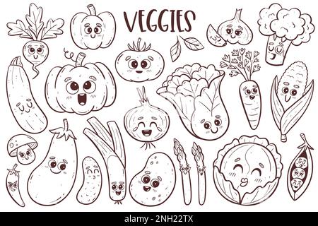 Cute vegetable collection with cartoon faces. Isolated doodle cliparts. Coloring illustration page. Stock Photo