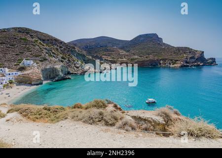 Panoramic view of Agkali bay, Folegandros Stock Photo