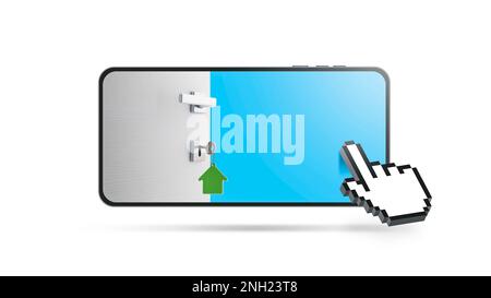 Open door with house keys on smartphone screen and hand pointer: real estate app and new home concept Stock Photo